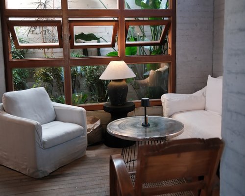 Cozy reading area next to a window with diffuse curtains